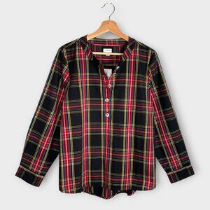 J Crew Stewart Plaid Popover Top LARGE Jeweled Buttons Cotton NEW